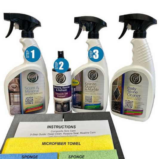 Photo Description: Everything you need Kit for stone countertop and composite sink care, repair & maintenance products.  Written 3-Step Guide, Deep-Clean Scum & Mineral Deposit Remover 24oz spray, Restore Revive & Refresh Composite Sink Treatment 8oz spray, Granite Quartz & Marble Treatment with ioSeal® 24oz spray , Daily Stone Cleaner for Granite Quartz & Marble & More 24oz spray.