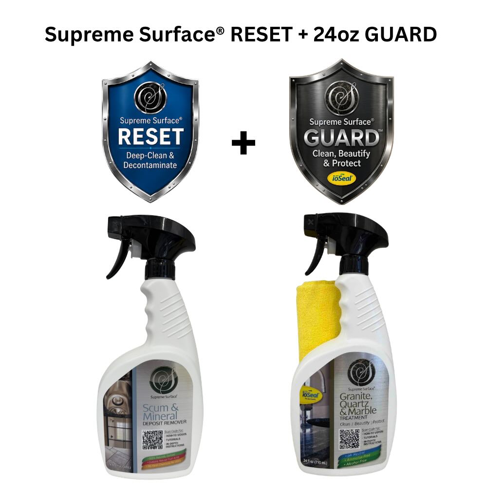 Supreme Surface RESET (Deep-clean & Decontaminate) using Scum & Mineral Deposit Remover 24 oz Spray + GUARD (Clean, Beautify & Protect) using Granite, Quartz & Marble Treatment with ioSeal® 24oz spray + yellow microfiber towel.