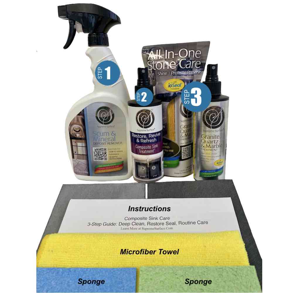 Image of Supreme Surface Granite Sink Care and Repair Kit. Written instruction on how to clean, repair and routine care (3-step process). Step-1 Scum & Mineral Deposit Remover 24 oz spray with supreme surface sponge, Step-2 Restore, Revive Refresh Comp[osite Sink Treatment 8 oz Spray, Supreme Surface Granite Quartz & Marble Treatment 8 oz spray with microfiber towel packaged as an All-In-One Cleaner, Polish, Sealer.