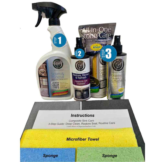Image of Supreme Surface Granite Sink Care and Repair Kit. Written instruction on how to clean, repair and routine care (3-step process). Step-1 Scum & Mineral Deposit Remover 24 oz spray with supreme surface sponge, Step-2 Restore, Revive Refresh Comp[osite Sink Treatment 8 oz Spray, Supreme Surface Granite Quartz & Marble Treatment 8 oz spray with microfiber towel packaged as an All-In-One Cleaner, Polish, Sealer.