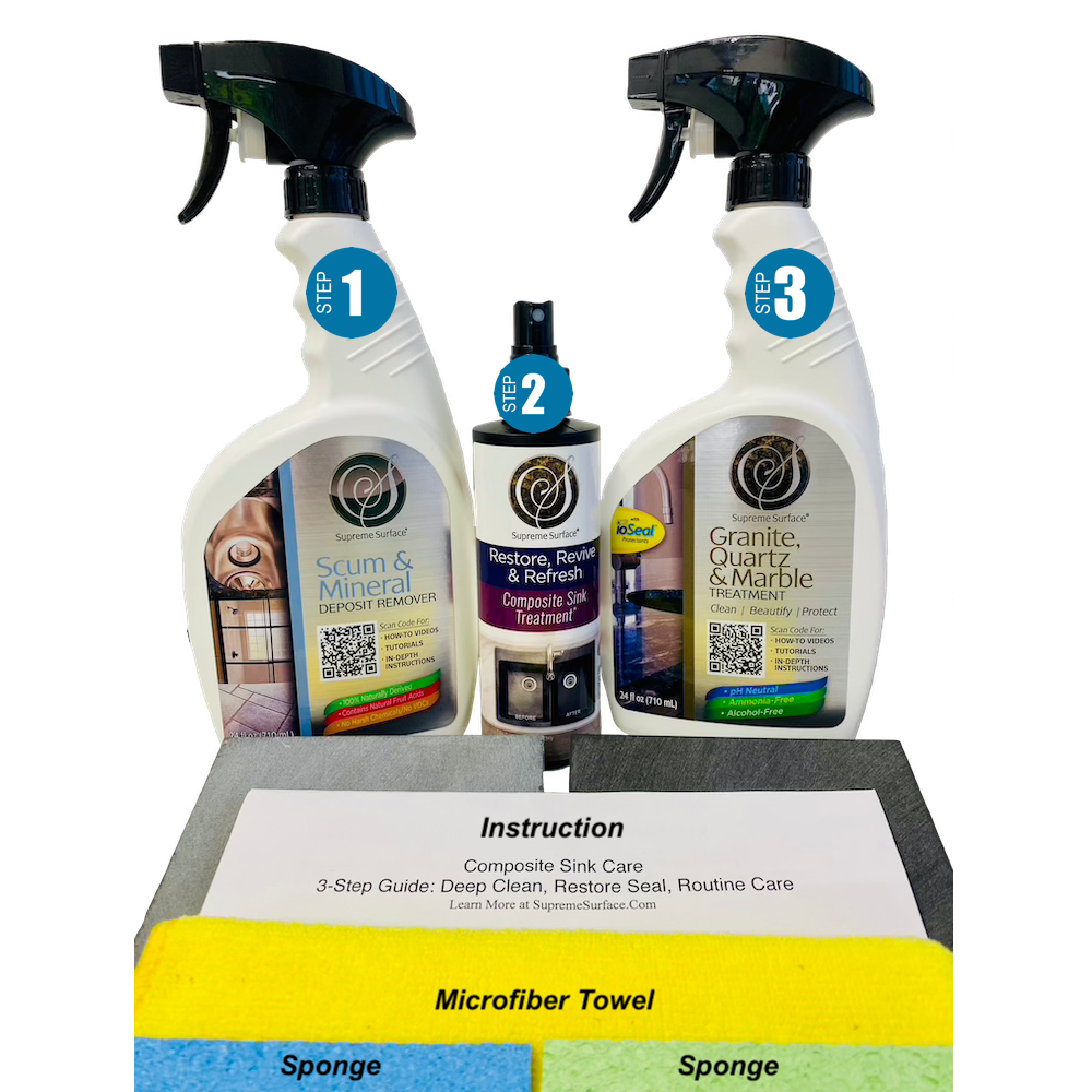 Composite Sink Cleaners, Restoration, Routine Protective Care and Repair Kit. Everything you need to refresh the look of granite and quartz composite sinks. Step-1 Deep-clean soap Scum & Mineral Deposit Remover, Step-2 Restore Revive Refresh Composite Sink Treatment, Step-3 Granite Quartz & Marble Treatment with ioSeal®, Written Instructions Composite Sink Care 3-Step Guide: Deep-Clean, Restore Seal Routine Care.
