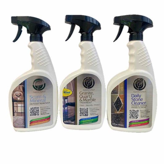 supreme surface big-3 value pack: scum and mineral deposit remover 24 oz spray, granite quartz & marble treatment 24 oz spray with microfiber towel, daily stone cleaner for granite quartz marble and more.