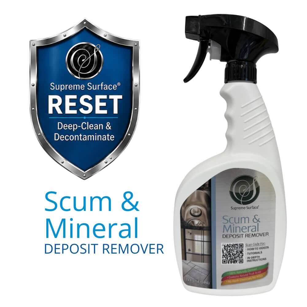 Supreme Surface RESET Scum & Mineral Deposit Remover 24 oz bottle with trigger spray next to a blue shield graphic with the text 'RESET Deep-Clean & Decontaminate' on a white background.