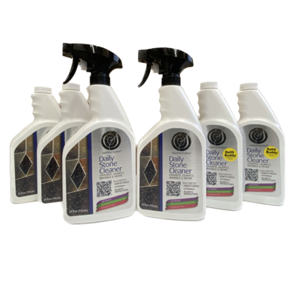 Supreme Surface® Daily Stone Cleaner for For Granite Quartz Marble & More, Value (6) Pack of 24oz bottles and (2) sprayers.
