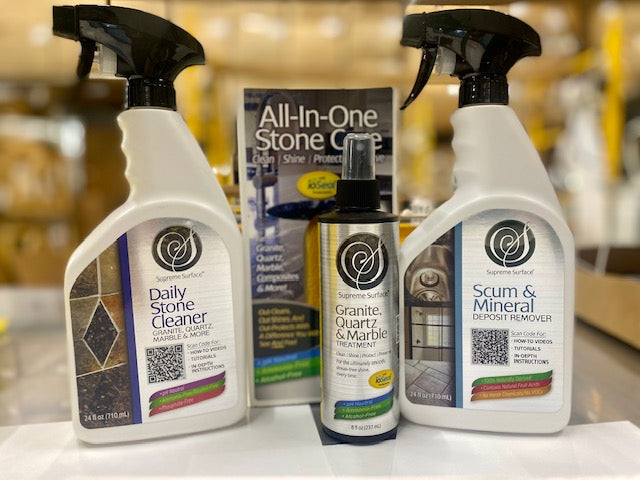 Supreme Surface Cleaners: Daily Stone Cleaner 24 fl oz Spray, Granite quartz & Marble Treatment 8 fl oz Spray, All-In-One Bonus Pack Box, Sum & Mineral Deposit Remover 24 fl oz Spray.
