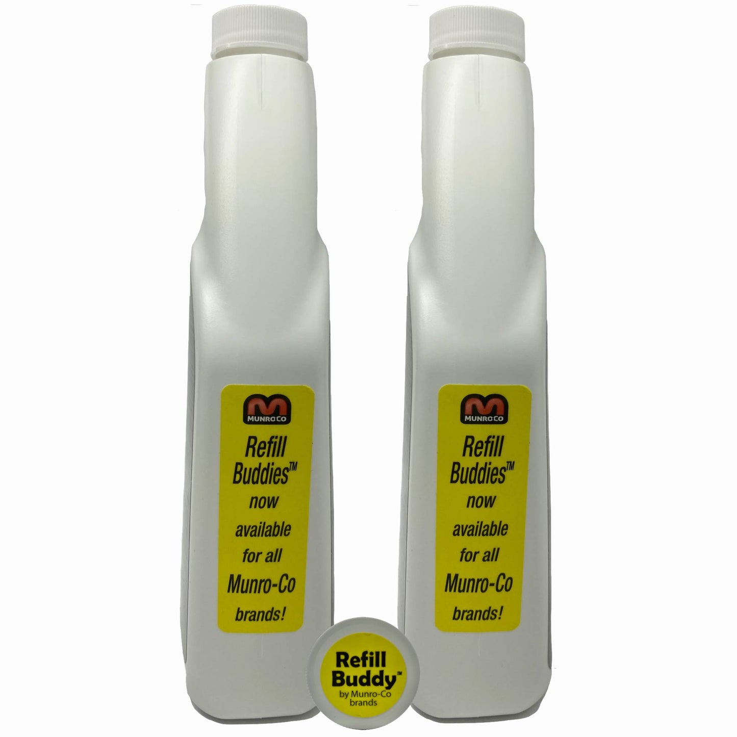 Two stone shower cleaners by Supreme Surface. The label on each Refill Buddy says: Refill Buddies now available for all Munro-Co Brands .