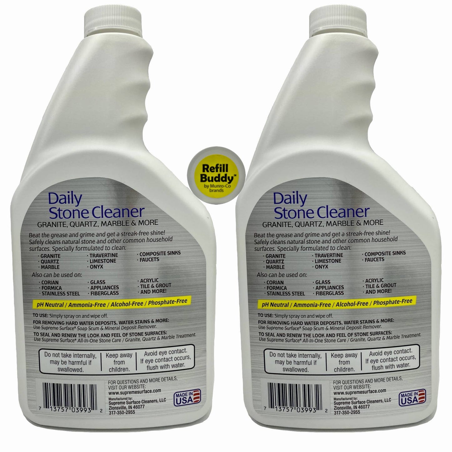 Two refill buddies show side-by-side featuring the backside label. Here's what it says: Daily Stone Cleaner for granite, quartz, marble and more. Beat the grease and grime and get a streak free shine. Safley cleans natural stone and other common surfaces. Specially formulated to clean: granite, quartz, marble, travertine, limestone, onyx, composite sinks, faucets. Also can be used to clean corian, formica, stainless steel, glass, mirror, appliances, fiberglass, acrylic screens, tile and grout.