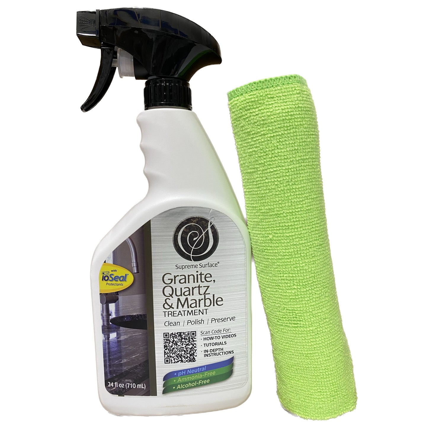 Supreme Surface Granite Quartz & Marble Treatment with ioSeal 24 fl oz spray bottle with a microfiber towel.