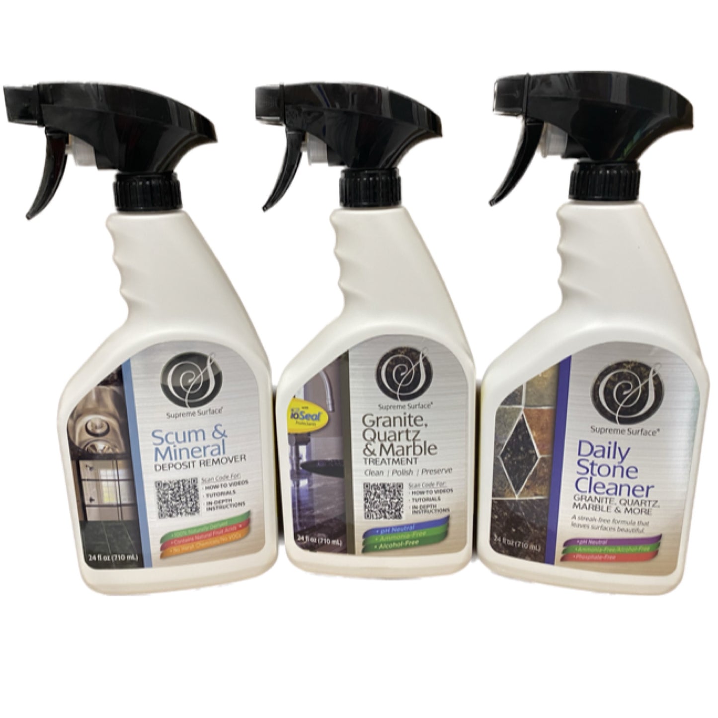 Supreme Surface@ Big-3 Value Pack: (1) Granite Quartz & Marble Treatment 24 fl oz Spray, (1) Daily Stone Cleaner 24 fl oz Spray, (1) Scum and Mineral Deposit Remover 24 fl oz Spray. This kit comes with a random colored Microfiber towel.