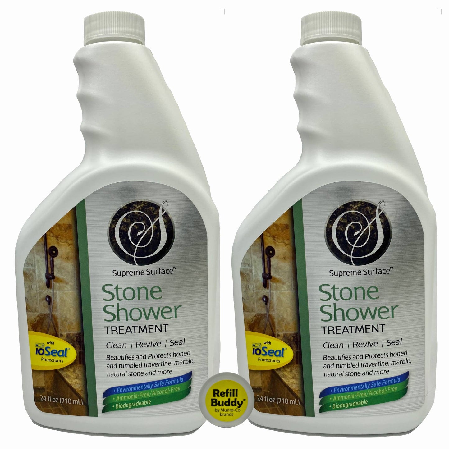 Stone Shower Treatments, Cleaner and Conditioner, Refill Buddies. This picture shows 2 refills side-by-side with a cap on the bottom that says Refill Buddy. The front label is featured and says: Stone shower treatment clean, revive seal. Beautifies and protects honed polished and tumbled travertine, marble and other natural stones. Environmentally safe formula, Ammonia-free, Biodegradable. ioseal