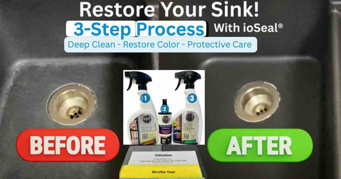 Supreme Surface 3-Step Composite Sink Restoration System: 1. Scum & Mineral Deposit Remover, 2. Restore Revive & Refresh Treatment, 3. All-in-One Stone Care with ioSeal® protection