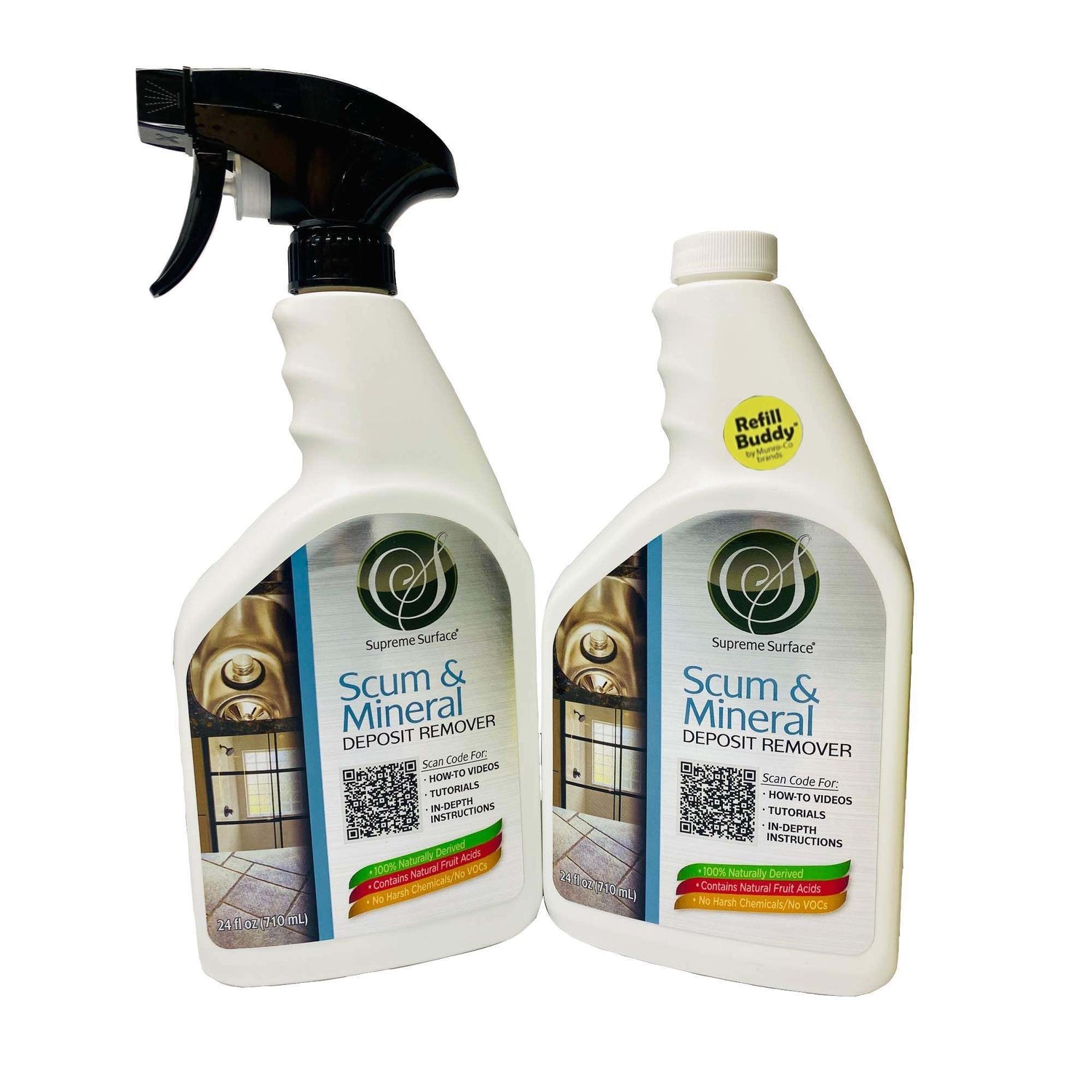 Supreme Surface® Scum & Mineral Deposit Removers. (1) 24 oz Spray and (1) 24 oz Refill Buddy.