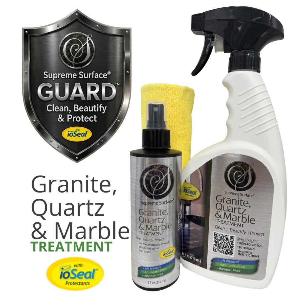 Supreme Surface Guard Granite, Quartz & Marble Treatment product solutions: 8 oz fine mist spray + 24 oz with trigger spray + yellow microfiber cloth, black GUARD shield graphic with product text: Clean, Beautify & Protect with ioSeal®.