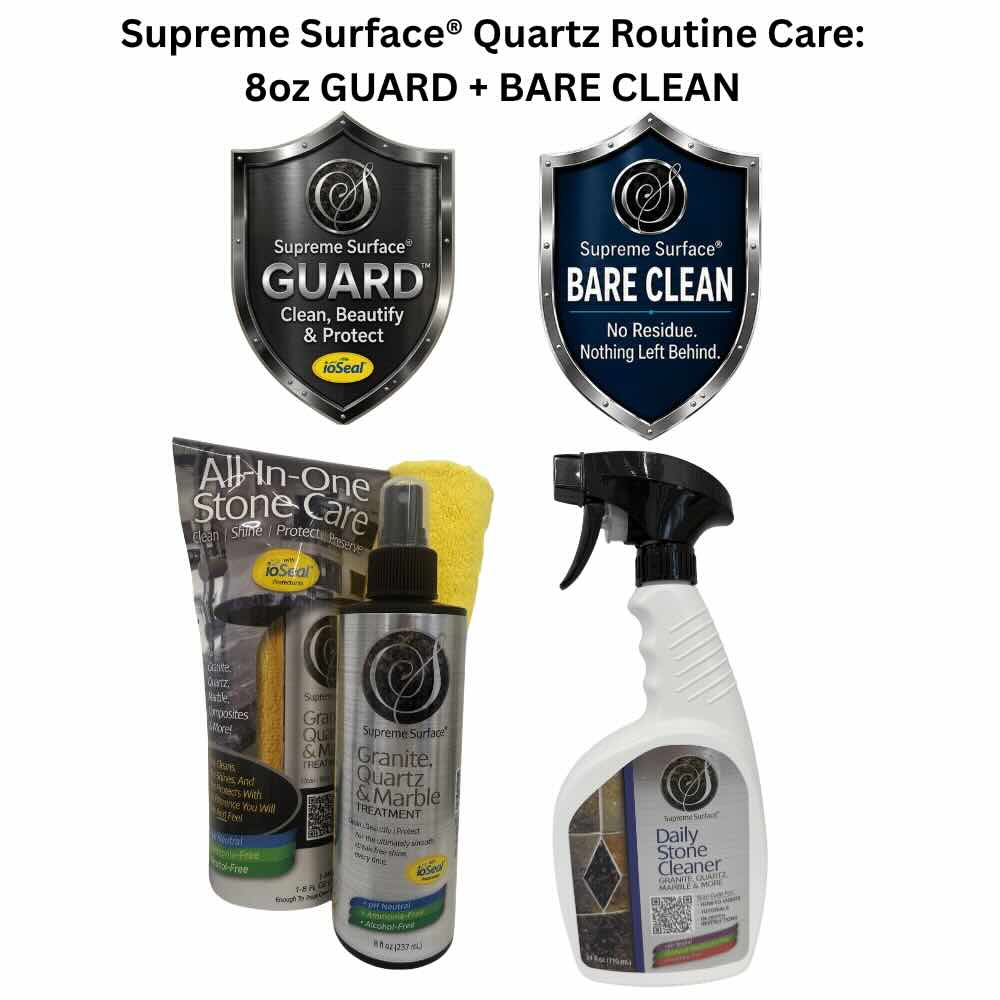 Quartz Surface Care: 8oz GUARD: Granite, Quartz & Marble Tretment with ioSeal® to Clean, Beautify & Protect + BARE CLEAN: Daily Stone Cleaner - Supreme Surface®
