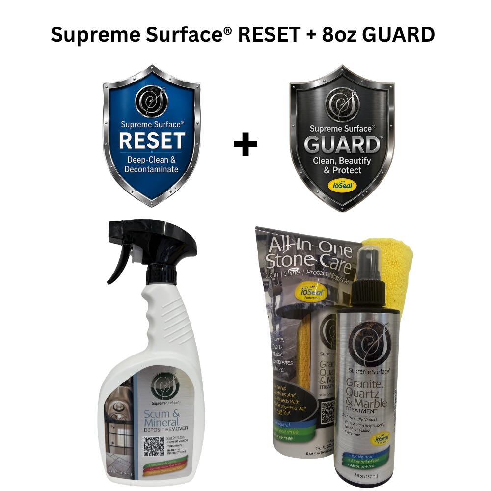 Supreme Surface RESET (Deep-clean & Decontaminate) using Scum & Mineral Deposit Remover 24 oz Spray + GUARD (Clean, Beautify & Protect) using Granite, Quartz & Marble Treatment with ioSeal® 8oz, +  yellow microfiber towel.