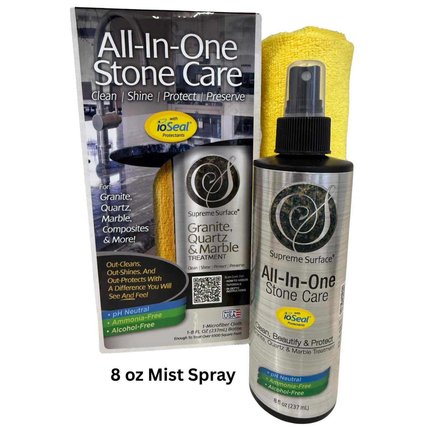 All-In-One Stone Care product with packaging and yellow towel on a white background