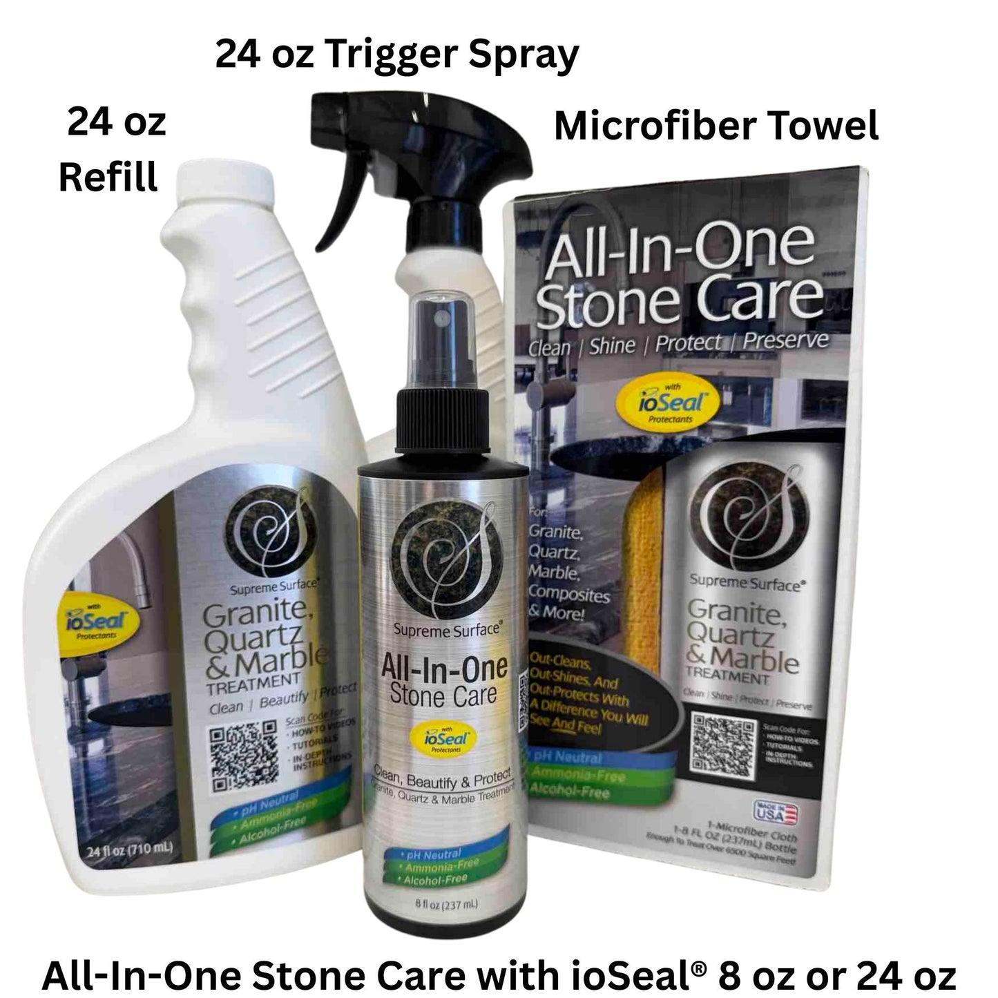 All-In-One Stone Care product set with 24 oz trigger spray, refill, and microfiber towel, and 8 oz mist spray, on a white background.