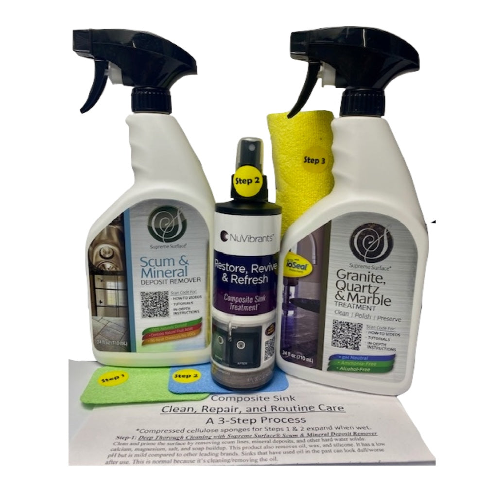 Granite Composite Sink Cleaners Restoration Routine Care Value Pack: Supreme Surface®Scum & Mineral Deposit Remover 24 oz Spray), NuVibrants Restore, Revive Refresh Composite Sink Treatment 8 oz Spray, Supreme Surface® Granite Quartz & Marble Treatment (24 oz Spray with Microfiber Towel), Written Instructions "Composite Sink Clean, Repair, and Restore Seal A 3-Step Process", and two Supreme Surface Sponges