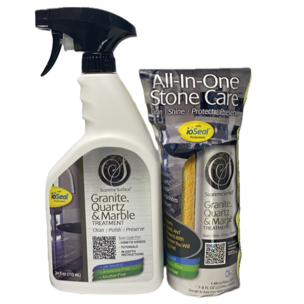 An image of Supreme Surface® Granite Quartz & Marble Treatments: (1) 24 oz Spray and (1) All-In-One Stone Care 8 oz Spray with orange Microfiber towel.