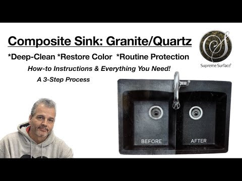 An image of a black granite composite sink that has a restored seal (before and after). The picture says deep clean, restore color, routine protection. How-to instructions & everything you need! A 3-step process. Tom Munro (founder of Supreme Suireface) is pictured in the bottom left section. The Supreme Surface® logo is pictured in the upper right