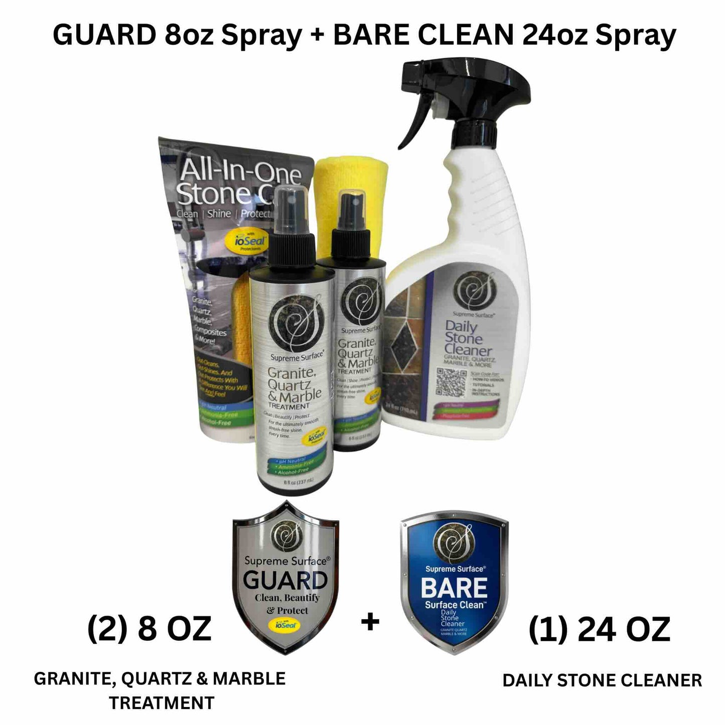 Quartz Surface Care: GUARD (Clean, Beautify & Protect) ioSeal® + BARE CLEAN - Supreme Surface Cleaners