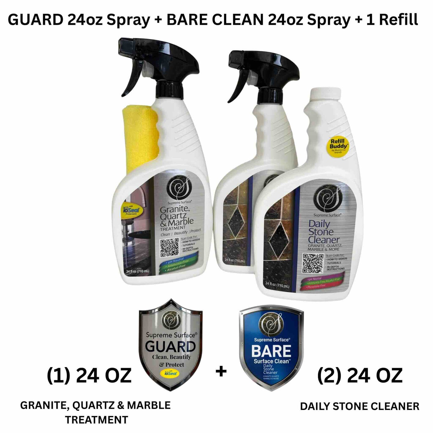 Quartz Surface Care: GUARD (Clean, Beautify & Protect) ioSeal® + BARE CLEAN - Supreme Surface Cleaners