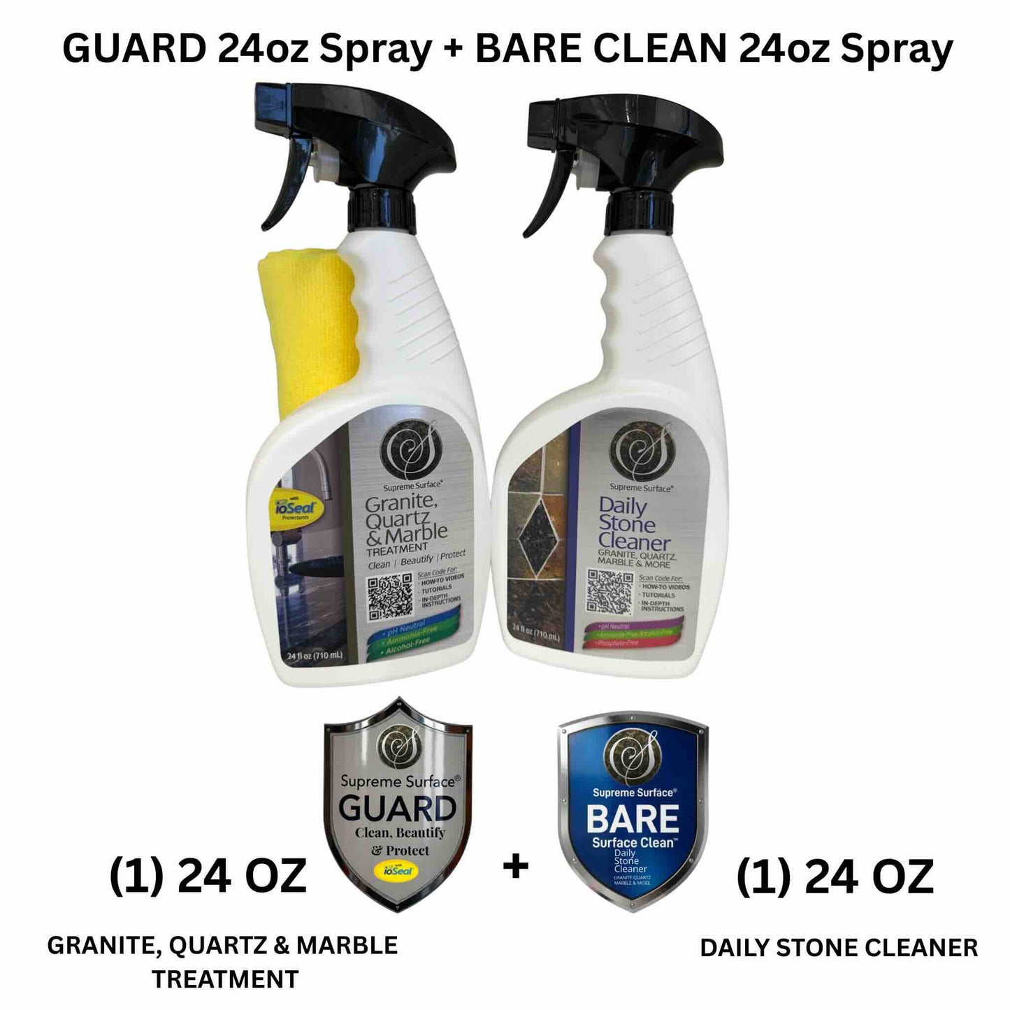 Quartz Surface Care: GUARD (Clean, Beautify & Protect) ioSeal® + BARE CLEAN - Supreme Surface Cleaners