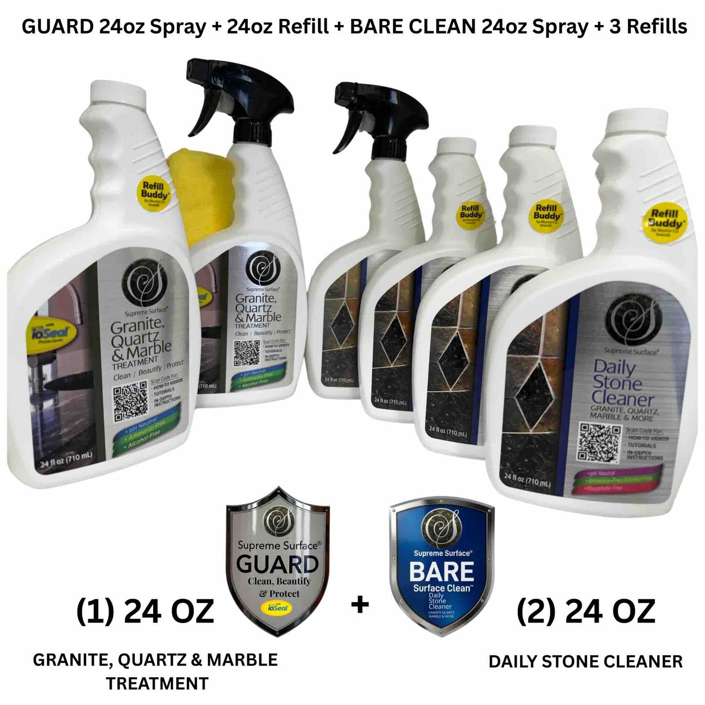 Quartz Surface Care: GUARD (Clean, Beautify & Protect) ioSeal® + BARE CLEAN - Supreme Surface Cleaners