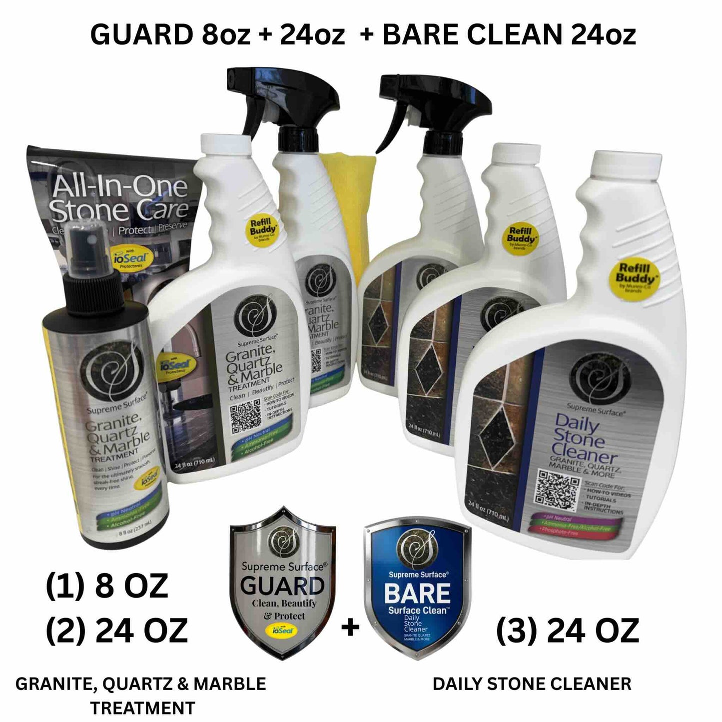 Quartz Surface Care: GUARD (Clean, Beautify & Protect) ioSeal® + BARE CLEAN - Supreme Surface Cleaners