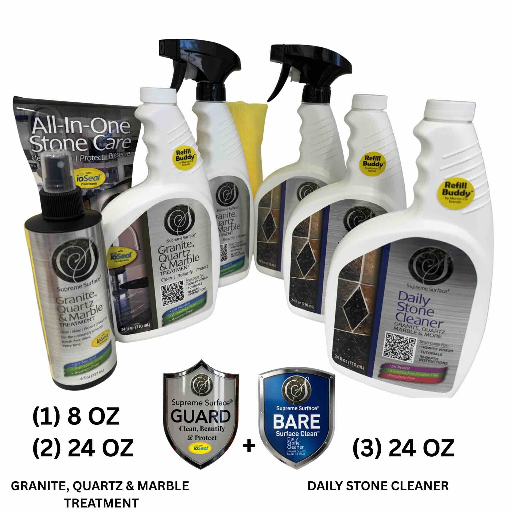 Supreme Surface® GUARD (Clean, Beautify & Protect) Quartz Countertop Care System with ioSeal + BARE CLEAN Daily Stone Cleaner for Granite, Quartz Surface Care System that includes  resin bonding sealer for quartz Stone, and Composite. Value pack bundle at discount pricing for 24 oz spray, refills, and 8 oz All-In-One Stone Care on white background.