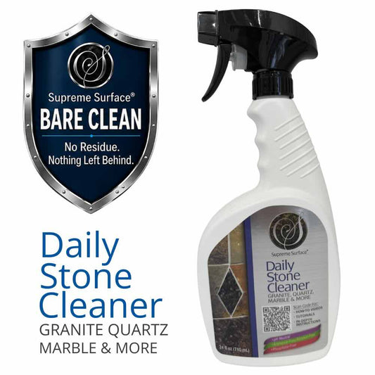 Supreme Surface Bare Clean Daily Stone Cleaner 24 oz bottle with trigger spray shown next to a dark blue shield graphic BARE CLEAN No Residue, Nothing left Behind and text Daily Stone Cleaner Granite Quartz Marble & More on white background.