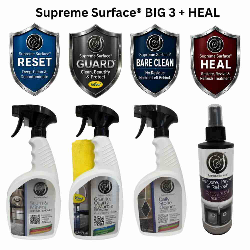 Supreme Surface® Big 3 + HEAL: RESET Scum & Mineral Deposit Remover 24 oz Spray,  GUARD Granite, Quartz & Marble Treatment with ioSeal® 24 oz Spray, BARE CLEAN Daily Stone Cleaner for Granite, Quartz, Marble & More 24 oz Spray + HEAL Restore, Revive & Refresh Composite Sink Treatment 8 oz Spray. The Complete Stone Countertop Care System + Composite Sink Color Restoration & Surface Reconditioning System.