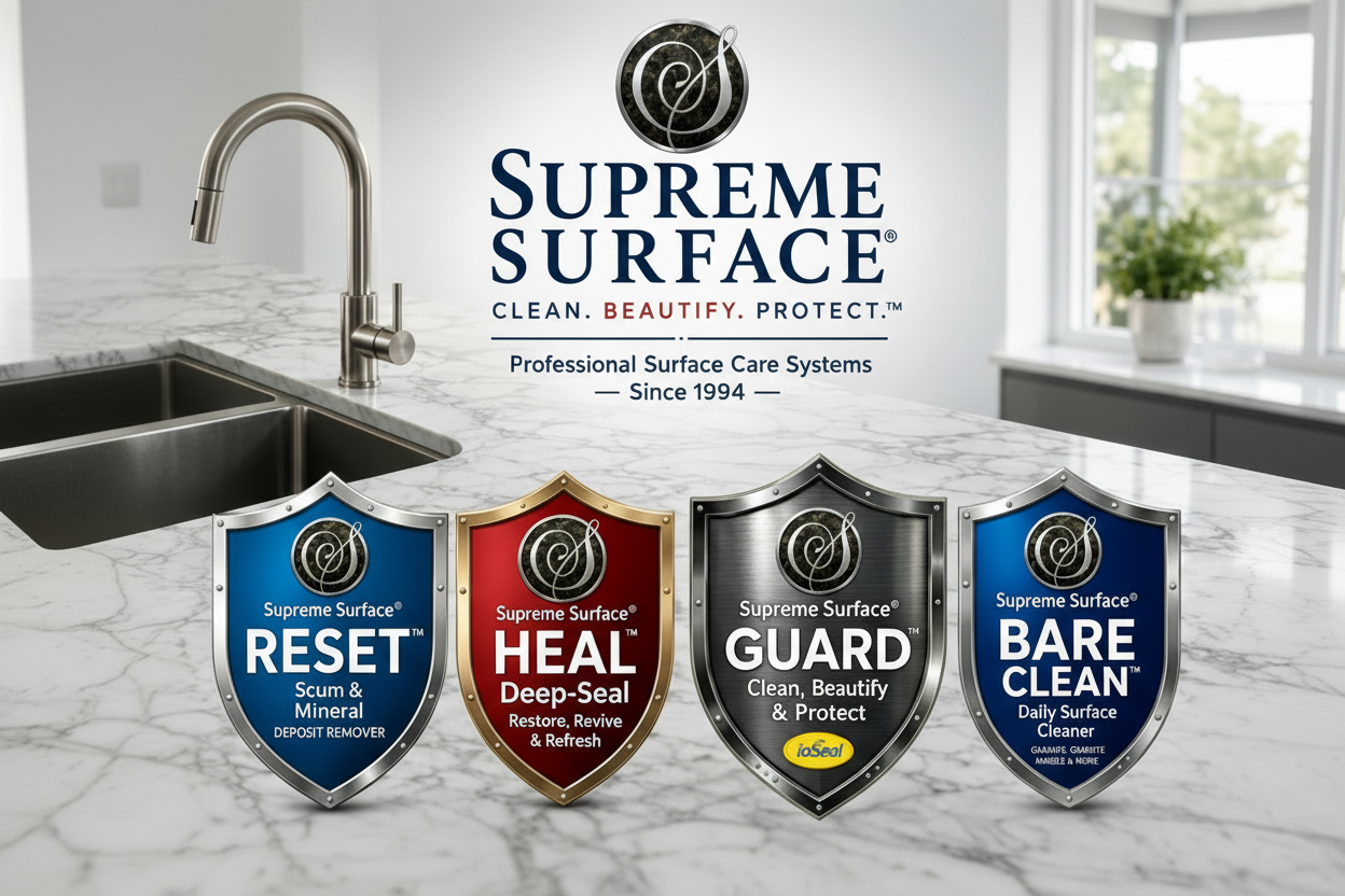 Supreme Surface® professional stone care products — Reset, Heal, Guard, and Bare Clean — displayed on a white quartz countertop with marble-like finish and black granite composite sink in background.