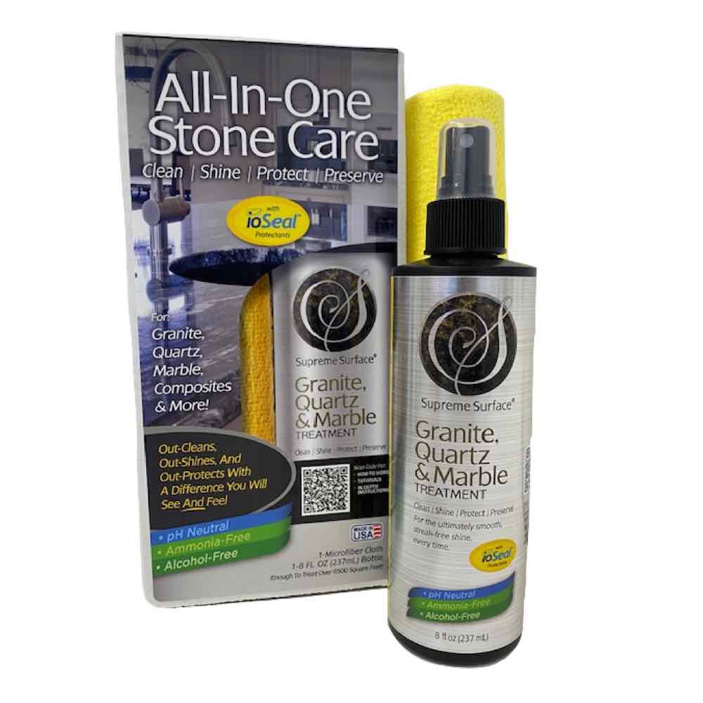 8oz bottle of Supreme Surface® GUARD: Granite, Quartz & Marble Treatment spray used to clean, beautify & protect quartz and granite with ioSeal.