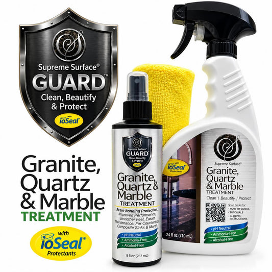 Supreme Surface Guard Granite, Quartz & Marble Treatment Supreme Surface® GUARD Granite, Quartz & Marble Treatment with ioSeal® protection, featuring 8 oz and 24 oz bottles, yellow microfiber towel, and GUARD shield.