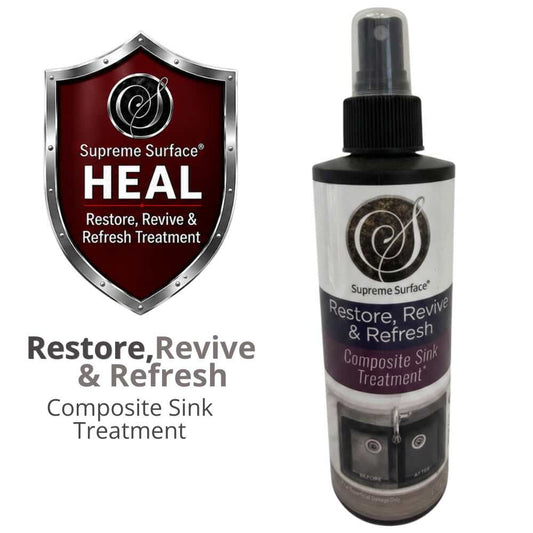 Supreme Surface HEAL Composite Sink Treatment 8 oz bottle next to a dark red shield graphic with the text 'HEAL Restore, Revive & Refresh Treatment' on a white background.