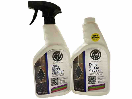 Official image of Supreme Surface® Daily Cleaners for Granite Quartz Marble & More 24 fl oz Spray and 24 fl oz Refill Buddy as of May 7, 2024.