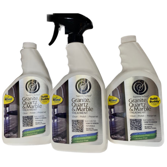 Supreme Surface® Granite Quartz & Marble Treatment, 24oz Spray and (2) refills in 24oz bottles.