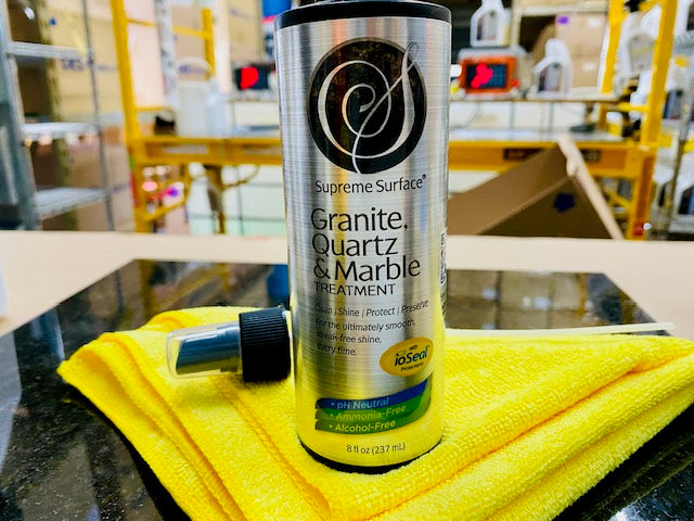 supreme surface treatment with ioseal: granite quartz & marble treatment 8 fl oz spray, ultra fine mist sprayer with fill suze yellow microfiber towel.