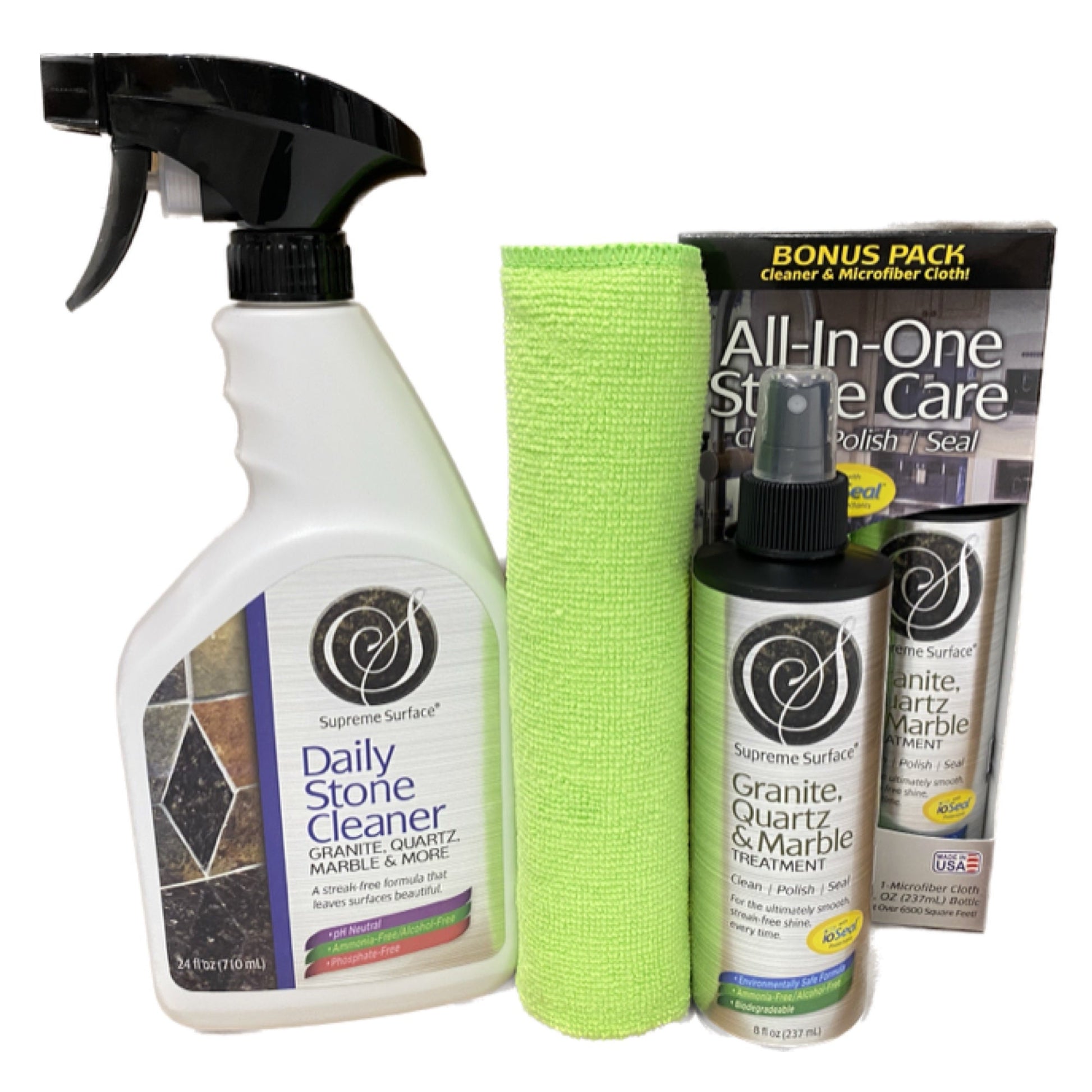 Daily Stone Cleaner 24oz Spray and Granite Quartz & Marble Treatment 8oz Spray - Supreme Surface Cleaners