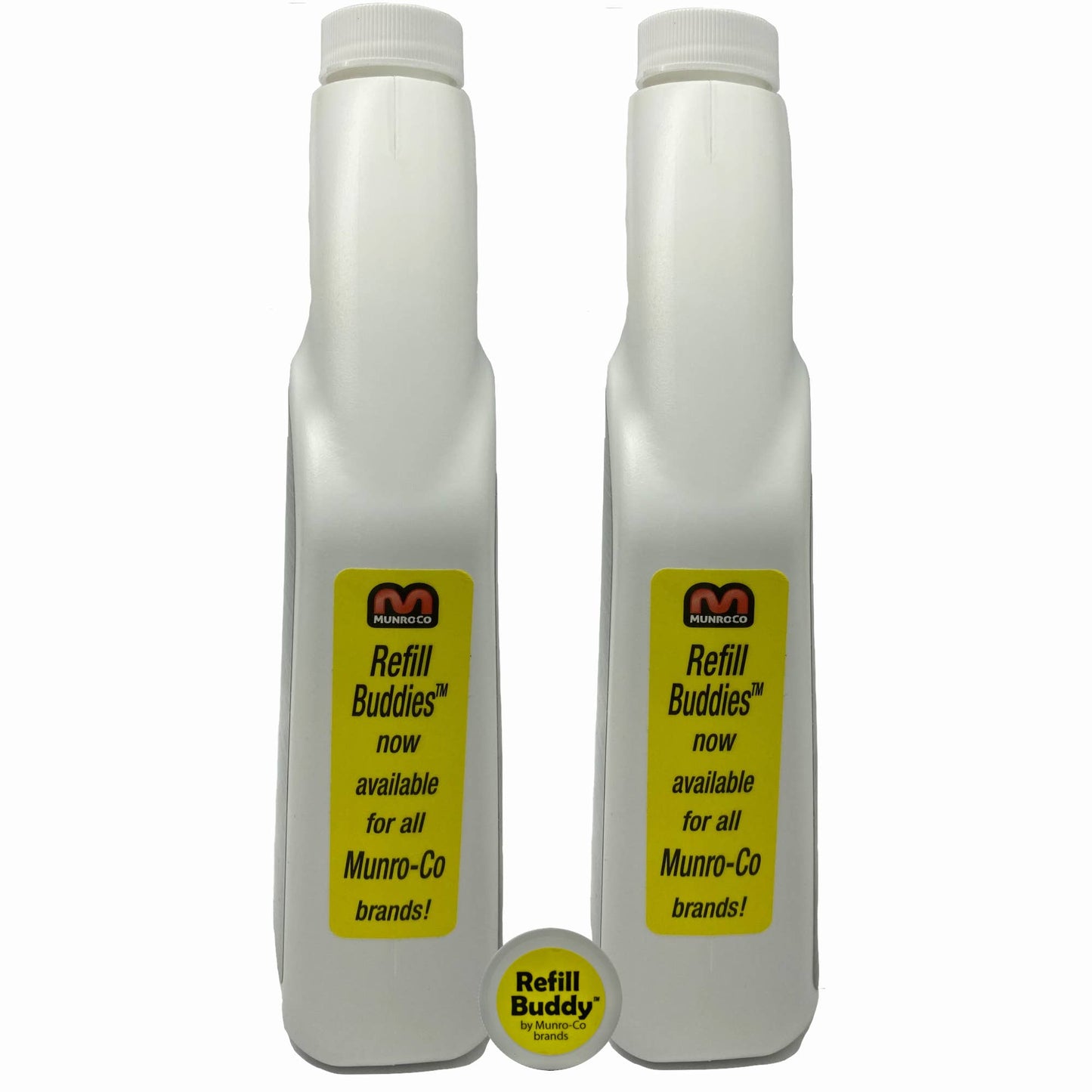 Munro-Co brands Refill buddies, the back side of (2) 24 fl oz refill bottles.