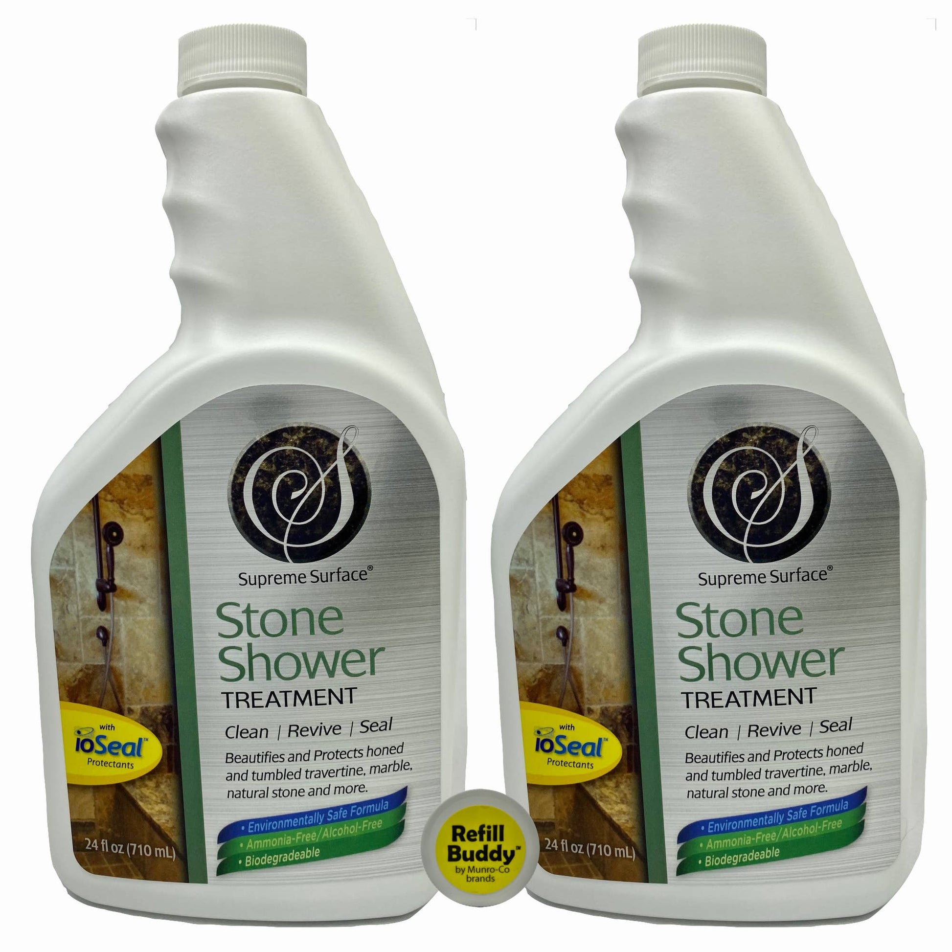 Stone Shower Treatments, Cleaner and Conditioner, Refill Buddies. This picture shows  2 refills side-by-side with a cap on the bottom that says Refill Buddy. The front label is featured and says: Stone shower treatment clean, revive seal. Beautifies and protects honed polished and tumbled travertine, marble and other natural stones. Environmentally safe formula, Ammonia-free, Biodegradable. ioseal